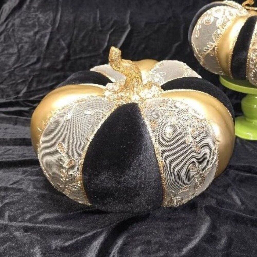 Elegant Pumpkin, Velvet Black Velvet, Gold Fabric, Gold Lace & Cord Pumpkin NEW